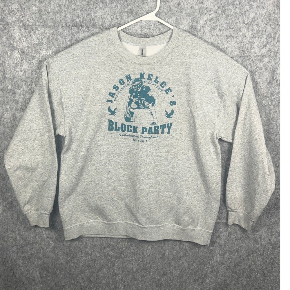 Jason Kelce Block Party Philadelphia Eagles Gildan‎ Sweatshirt Mens Large Gray